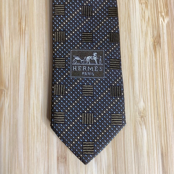 Hermes Paris Silk Tie Brown Geometric Made in France - Picture 6 of 7